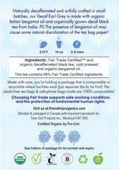 Friendship Organics decaf Earl Grey bergamot oil note highlights natural flavor.
