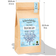 Friendship Organics decaf Earl Grey tea leaves image shows premium organic ingredients.