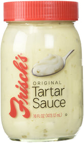 Frisch's Sauce Tartar Original bottle pouring, ideal for burgers and seafood.