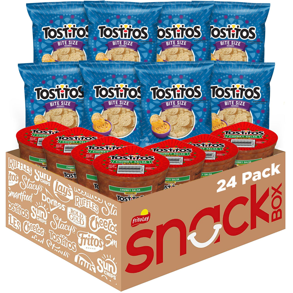 Frito Lay Tostitos bitesize rounds chips blue bag, ideal for quick snacking with friends.