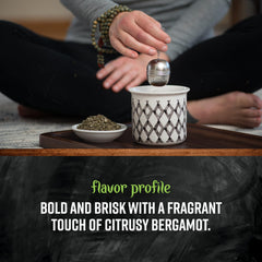 Frontier Co-op Earl Grey brewed cup steaming with citrus hints.