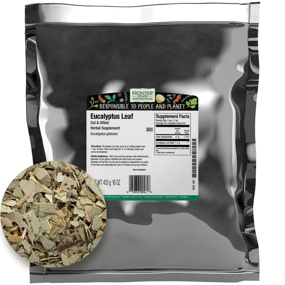 Frontier Co-op eucalyptus leaf close-up, textured leaves ideal for aroma and tea prep