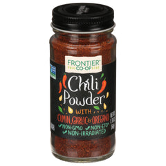 Frontier Co-op Fiesta Chili Powder bottle adds bold heat to chili and rice.