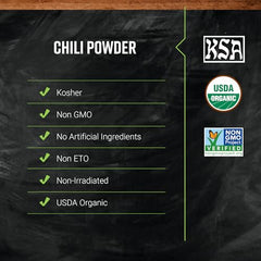 Fiesta chili powder label shows kosher and non-GMO quality.