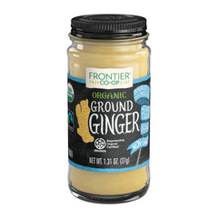 Frontier Co-op ginger root powder bottle, convenient spice for baking and teas.