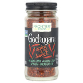 Frontier Co-op gochugaru chili jar closeup shows vibrant flakes for kimchi.