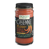 Frontier Co-op Ground Cayenne Extra Spicy bottle pour highlights bold heat for chili blends.