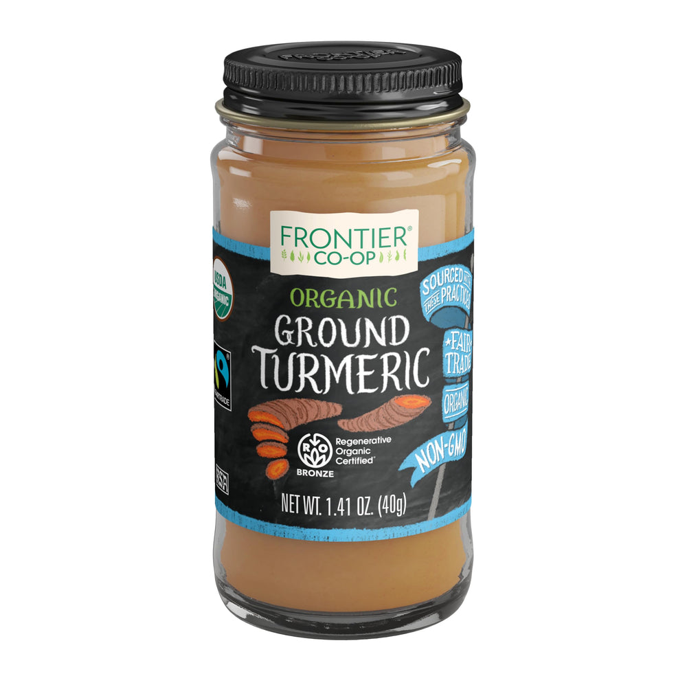 Frontier Co-op ground turmeric jar front with vibrant color ready for curries and savory dishes.