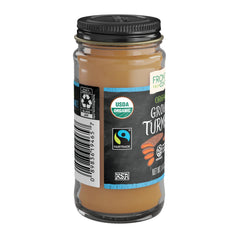 Frontier Co-op ground turmeric jar open pour highlighting aroma ideal for golden milk.