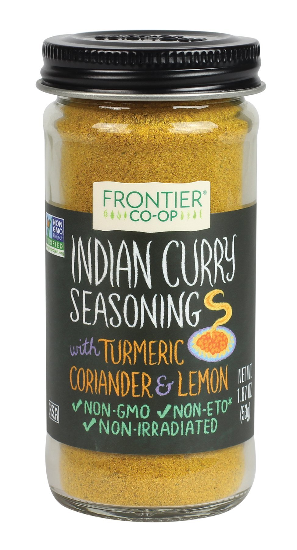 Frontier Co-op Indian Curry Seasoning bottle on kitchen counter, ready to flavor weeknight meals.