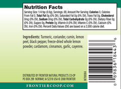 Close-up of Frontier Co-op Indian Curry Seasoning label showing ingredients.