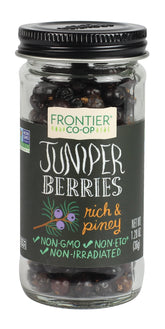 Frontier Co-op juniper berries bottle front showcases piney aroma for soups and marinades.