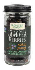 Frontier Co-op juniper berries bottle front showcases piney aroma for soups and marinades.