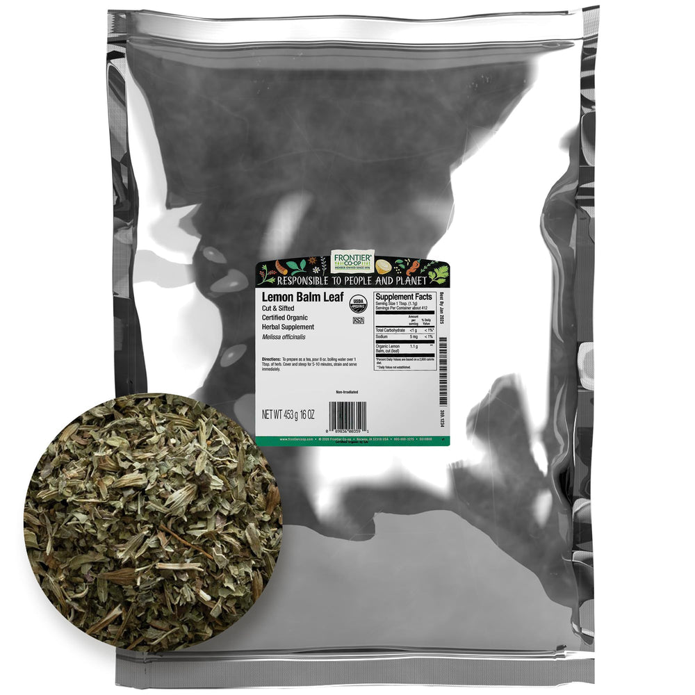 Frontier Co-op lemon balm leaf cut and sifted with bright citrus aroma.