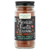 Frontier Co-op Mexican Fiesta Seasoning jar highlights bold, salt-free flavor for tacos and enchiladas.
