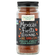 Frontier Co-op Mexican Fiesta Seasoning jar highlights bold, salt-free flavor for tacos and enchiladas.