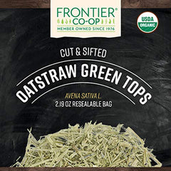 Frontier Co-op oatstraw green tops steeping into a soothing herbal tea