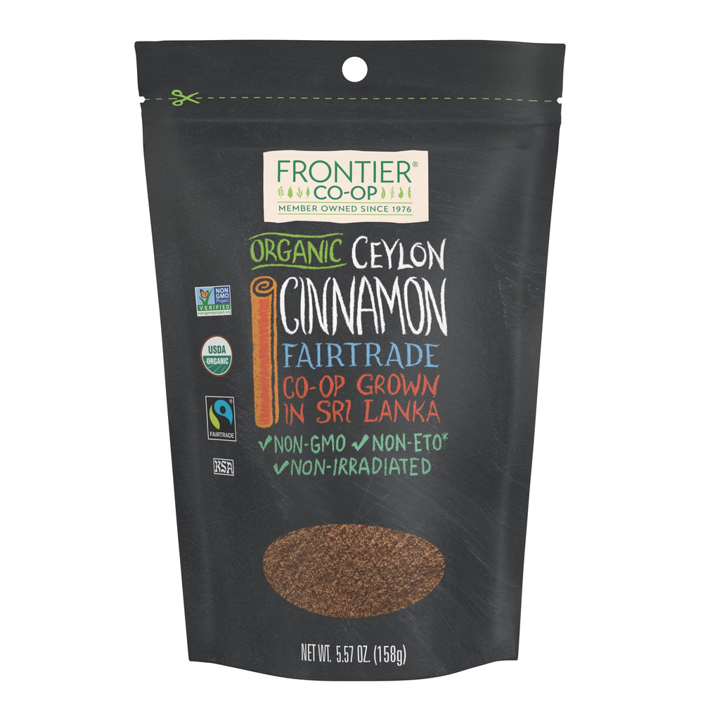 Frontier Co-op Organic Fairtrade Ceylon Cinnamon Powder refill — resealable bag preserves freshness for baking and beverages.