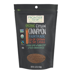 Frontier Co-op Organic Fairtrade Ceylon Cinnamon Powder refill — resealable bag preserves freshness for baking and beverages.