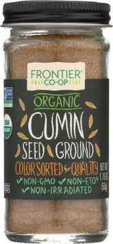 Frontier Co-op organic ground cumin seed in a glass jar for authentic flavor.