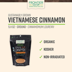 Frontier Co-op Organic Ground Vietnamese Cinnamon label close up highlighting purity and quality.