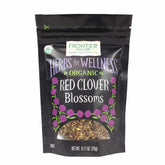 Frontier Co-op Organic Red Clover Blossoms in sealed bag for freshness and aroma.