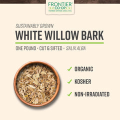 Frontier Co-op organic willow bark loose cut in a scoop ready for steeping.