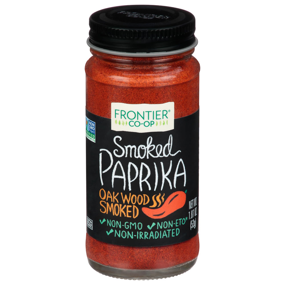 Frontier Co-op smoked paprika bottle with deep red hue, ideal for bold flavor.