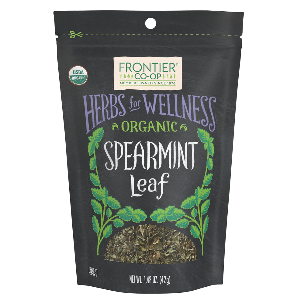 Frontier Co-op spearmint leaf pack highlights fresh aroma for tea and dishes.