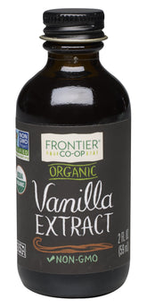 Frontier Co-op vanilla extract bottle on kitchen counter, ideal for desserts