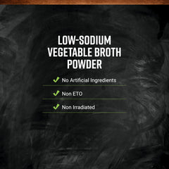 Ingredient blend label on Frontier Co-op vegetable broth powder highlighting veggies and spices.