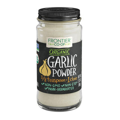 Frontier Co-op Organic Garlic Powder bottle boosts savory flavor in meals.
