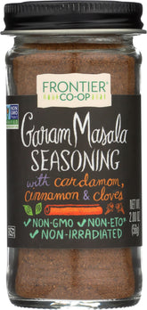 Frontier Garam Masala bottle front label for authentic Indian flavor in cooking.