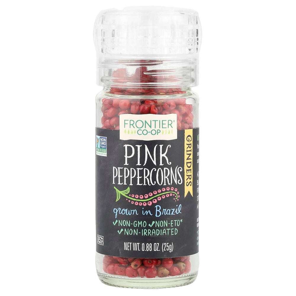 Frontier Co-op Peppercorn Pink packaging highlights premium spice for flavorful meals.