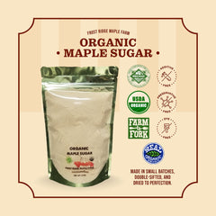 Frost Ridge Organic Maple Sugar label shows OEFFA and USDA Organic certification.