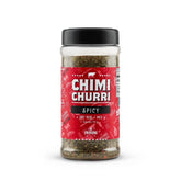 Frugoni Spicy Chimichurri bottle pouring onto grilled steak for bold flavor.