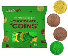 Fruidles milk chocolate coins close-up shows foil detail and smooth texture.
