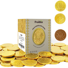 Fruidles milk chocolate gold coins in a nut-free vault box for festive gifting