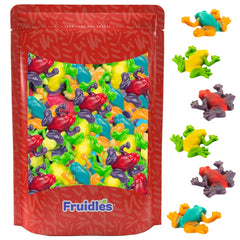 Fruidles Rainforest Gummi Frogs bag with vibrant fruits for a tasty, allergy-friendly snack.