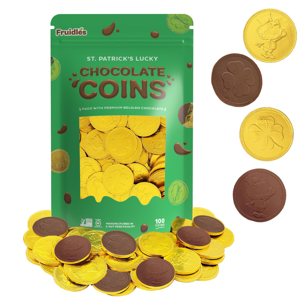 Fruidles St. Patrick's coins on gold foil display for festive ambiance.