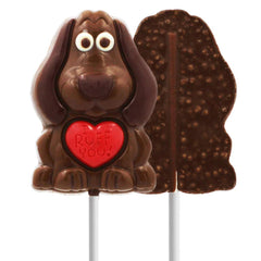 Fruidles Valentine's Puppy Lollipop colorful designs on a display tray