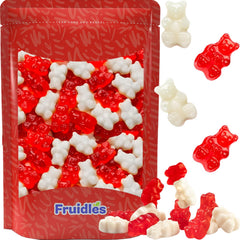 Fruidles Valentine wild cherry and strawberry-banana gummy bears for allergy-friendly snacking.