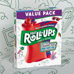 Fruit Roll-Ups tongue-tattoos illustrate playful touch on snack time.