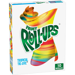 Fruit Roll-Ups Tropical Tie-Dye pack displaying vibrant colors for lunchbox fun.