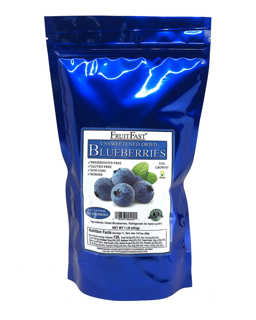 FruitFast unsweetened dried blueberries in a resealable pack for convenient snacking