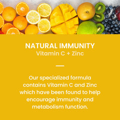 Close-up of Fruniti blend ingredients with tropical fruits visible.