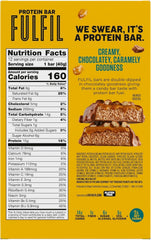 Fulfil protein bar nutrition panel close-up, highlights 15g protein, 1g sugar per bar.