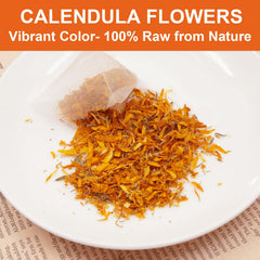 FullChea brewed calendula tea cup steaming for a soothing, comforting sip.