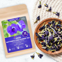 Brewing FullChea butterfly pea tea produces a bright blue cup.