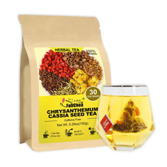 FullChea chrysanthemum cassia tea bag closeup, premium blend for a refreshing cup